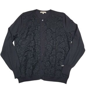 Barbara Lohmann Cashmere Silk Wool Blend Cardigan Sz L Large Black Floral Lace